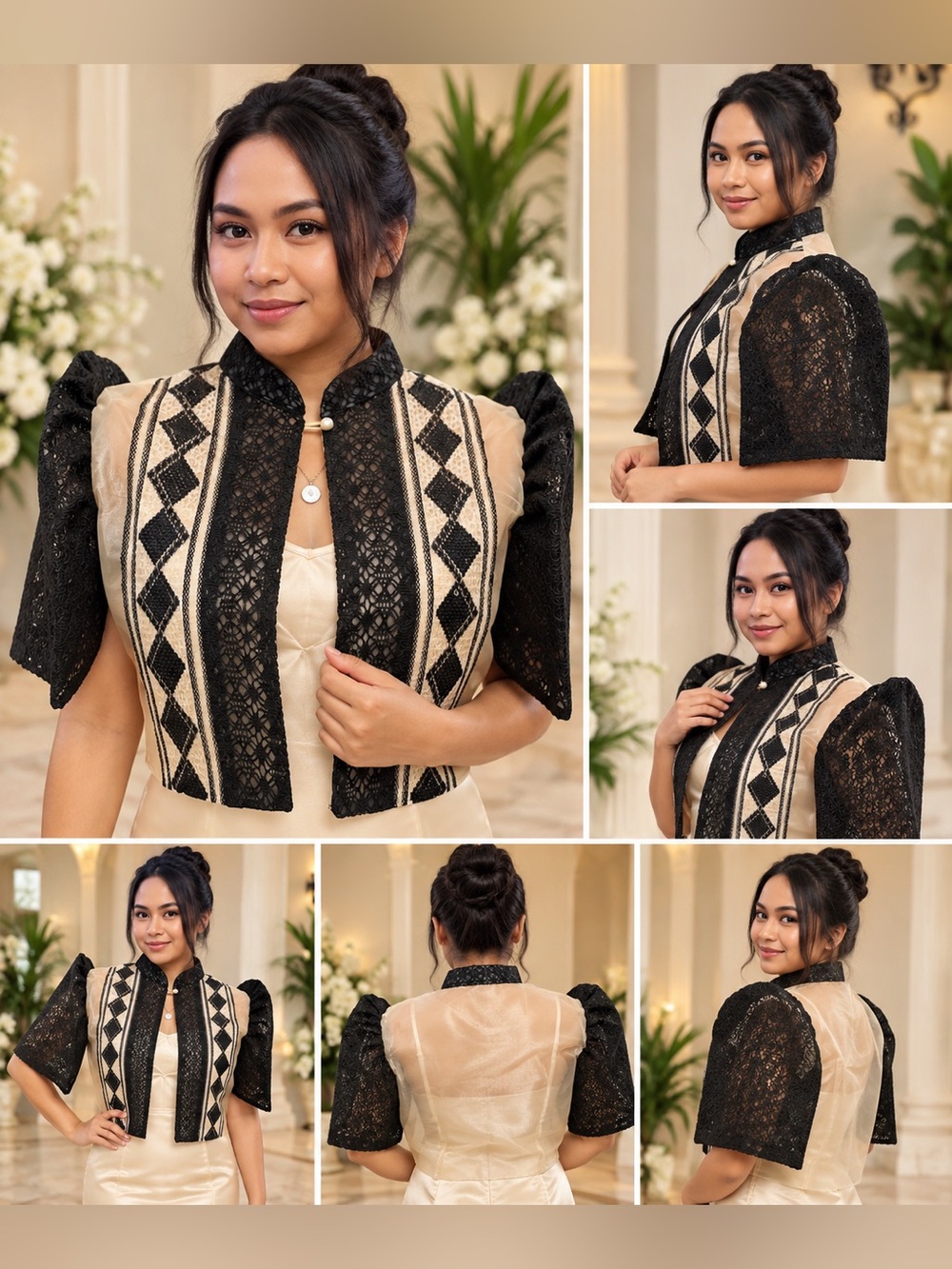 Elegant Black & Ivory Pina Organza Filipiniana Bolero